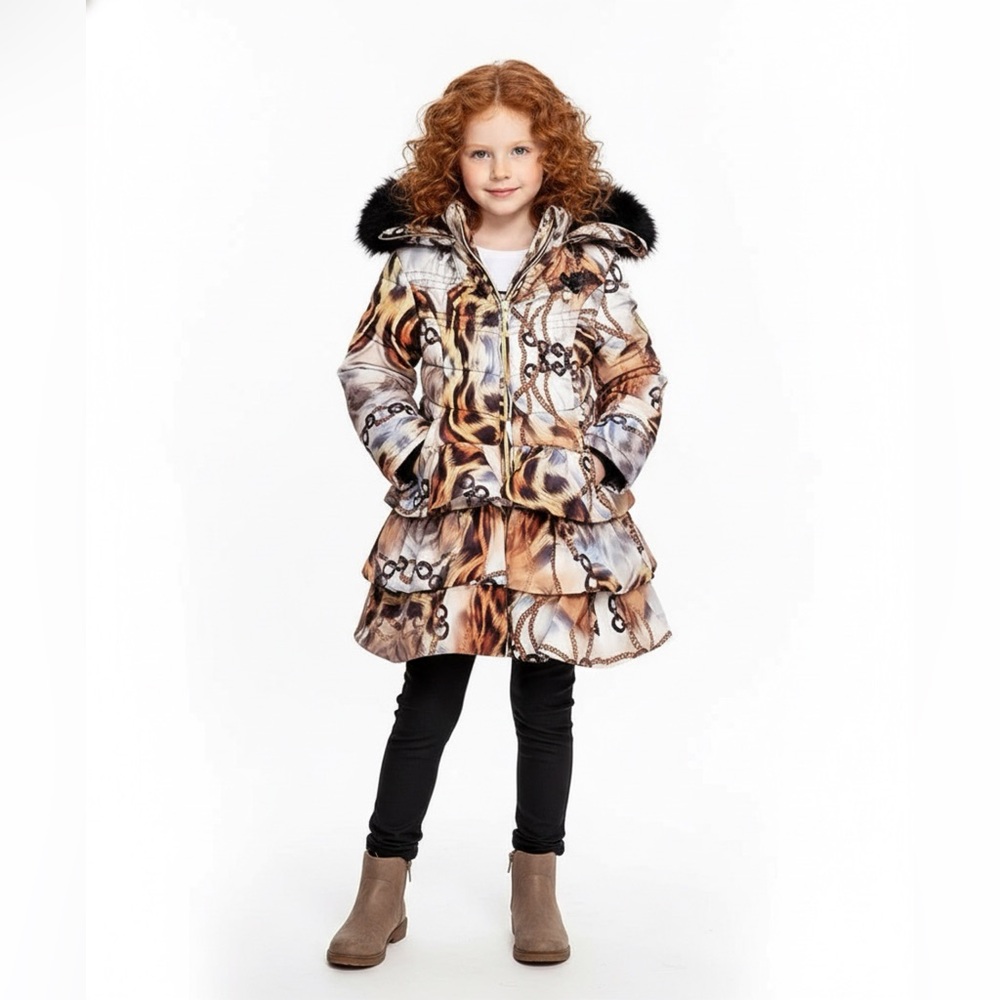 Le Chic Chain Cheetah Animal Winter Toddler Girls Hooded Ruffle Coat 4T NWT